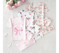 Ensemble de pyjamas pour jeune fille de 6 pièces avec manches courtes et pantalon long, ajustement près du corps avec imprimé nœud et fleur. Cet ensemble de pyjamas convient aux jeunes filles pour un 