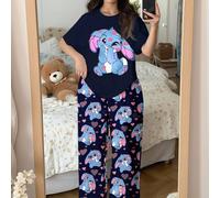 Ensemble de pyjamas pour préadolescentes avec imprimé lèvres en forme de cœur rose mignon, lapin bleu de dessin animé Lulu, motif de Noël, nœud Stitch, automne. Vêtements décontractés minimalistes pou
