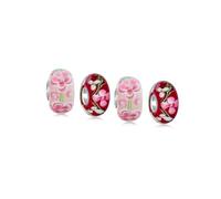 Ensemble De Quatre Perles En Verre De Murano Avec Fleurs D'Hibiscus Roses Et Fleurs De Cerisier Rouges Pour Femmes Et Adolescentes, Noyau En Argent Sterling .925, Compatible Avec Bracelet Européen