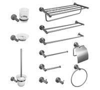 Ensemble de quincaillerie de salle de bain en acier inoxydable gris - Support mural rond avec porte-papier toilette, crochet pour serviette et porte-gobelet, kit d'accessoires pour décoration moderne