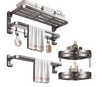 Ensemble de rangement de salle de bain - Étagère murale pliable avec crochets, porte-serviettes peu encombrant pour douche et toilettes