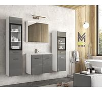 Ensemble de rangement moderne pour salle de bain 4 pièces avec miroir LED et meuble de rangement sous évier Blanc/gris brillant