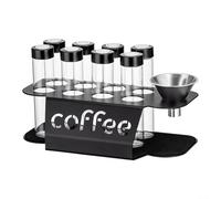 Ensemble de rangement pour grains de café à dose unique avec 8 tubes en verre, mécanisme d'étanchéité avancé, valve d'échappement, présentoir en métal et entonnoir pour l'organisation du comptoir de