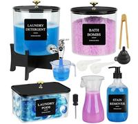 Ensemble de Rangement pour Lessive 5 Pièces (7,8L) - Récipient à Capsules de Lessive avec Couvercle, Distributeur de Lessive Liquide avec Robinet et Pied, avec Étiquettes, Verre Mesureur, Cuillère