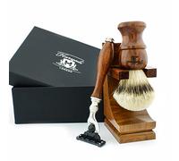Ensemble de rasage en bois 3 pièces pour hommes | blaireau à pointe argentée et cartouche à triple tranchant Compatible avec le bois de rasoir Kit cadeau de rasage humide pour lui