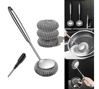 Ensemble de récurage en acier inoxydable avec brosse à long manche + boule en acier + tournevis tampon à récurer en métal pour enlever la graisse, l'huile et la saleté des casseroles, plats et
