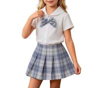 Ensemble de rentrée scolaire en coton pour filles - Tenue deux pièces - Tenue d'uniforme scolaire JK - Chemise à manches courtes avec nœud papillon - Jupe plissée à carreaux - Ensemble de vêtements