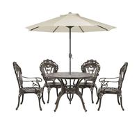 Ensemble de repas de jardin marron 4 places avec coussins verts et parasol SAPRI (16 options)