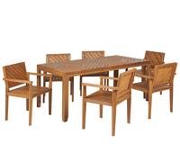 Ensemble de Repas Table et 6 Chaises en Bois d'Acacia Clair Accoudoirs Baratti