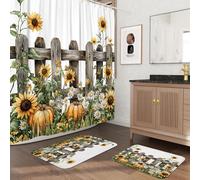 Ensemble de rideau de douche 3 pièces avec deux tapis de bain antidérapants (40,6 x 61 et 50,8 x 81,3 cm), tapis d'accessoires de bain avec crochets, clôture d'automne et tournesol, 183 cm