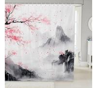 Ensemble de rideau de douche à peinture à l'encre lavée, rideau de salle de bain de style art chinois, pour enfants, garçons, adolescents, tissus imperméables à motif de fleurs de cerisier roses