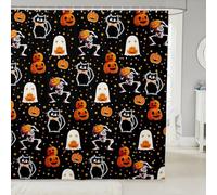 Ensemble de rideau de douche avec 12 crochets, motif citrouille, lanterne et chat - Tissu imperméable - Motif squelette gothique - Décoration de baignoire - Motif étoile jaune à pois - 183 x 198 cm (l
