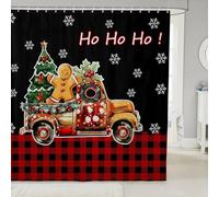 Ensemble de rideau de douche camion de Noël avec 12 crochets, rideau de salle de bain mignon bonhomme en pain d'épices pour enfants, filles, adolescents, tissus imperméables à carreaux noirs et rouges