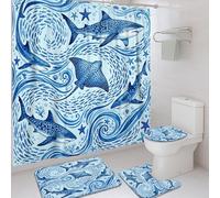 Ensemble de rideau de douche en polyester imperméable avec motif requin, raie océanique marine, étoile de mer, bleu été pour salle de bain, 183 x 183 cm