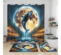 Ensemble de rideaux de douche 4 pièces à motif aquarelle et baleine, motif nautique, galaxie, pleine lune, océan, animaux, baleine, décoration de salle de bain avec tapis, housse de siège de toilette