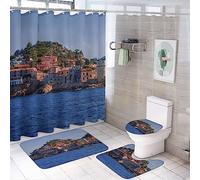 Ensemble de rideaux de douche 4 pièces avec tapis antidérapants, housse d'abattant de toilette et tapis de bain, graffiti touristique Rom c Italie vue italienne vieille ville vintage pour baignoire