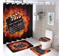 Ensemble de rideaux de douche 4 pièces Cool Cinema, tapis antidérapants à imprimé moderne noir et blanc avec bobine de film et clap brûlant, housse d'abattant de toilette et tapis de bain, durables et