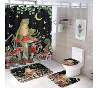 Ensemble de rideaux de douche 4 pièces motif champignon rustique, motif galaxie fantastique, aquarelle, bohème, pleine lune, papillon, feuilles d'eucalyptus, tapis antidérapant, housse d'abattant de W
