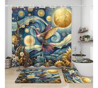 Ensemble de rideaux de douche 4 pièces motif colibri galaxie fantastique, tapis antidérapants motif colibri ciel étoilé abstrait, housse d'abattant de WC et tapis de bain, résistant et imperméable, po