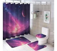 Ensemble de rideaux de douche 4 pièces motif galaxie - Ensemble de salle de bain avec rideau de douche, housse de toilette et tapis, rideau de bain avec crochets pour une décoration de style campagnar