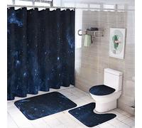 Ensemble de rideaux de douche 4 pièces, motif galaxie et nuages nocturnes, tapis antidérapants, housse d'abattant de WC et tapis de bain, résistant et imperméable, pour décoration de salle de bain