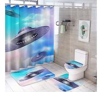 Ensemble de rideaux de douche 4 pièces motif galaxie OVNI, tapis antidérapants à imprimé OVNI, housse d'abattant de WC et tapis de bain, résistants et imperméables, pour la décoration de la salle de b