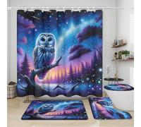 Ensemble de rideaux de douche 4 pièces, motif hibou animal abstrait, motif galaxie fantastique, aquarelle, cerisier japonais, tapis antidérapant, housse d'abattant de WC et tapis de bain, résistant et