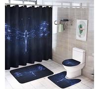 Ensemble de rideaux de douche 4 pièces motif libellule abstrait, motif galaxie fantastique, animal lumineux, libellule néon, décoration de salle de bain avec tapis, housse de siège de toilette impermé