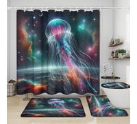 Ensemble de rideaux de douche 4 pièces motif méduses, motif animaux de la galaxie fantastique, tapis antidérapants, housse d'abattant de WC et tapis de bain, résistants et imperméables, pour la décora