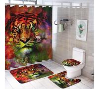 Ensemble de rideaux de douche 4 pièces motif tigre aquarelle abstrait, style galaxie fantastique, thème animalier coloré, ensemble de décoration de salle de bain avec tapis, housse de siège de toilett