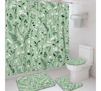 Ensemble de rideaux de douche à motif de fleurs, botanique naturelle, feuilles de fougère, vert printanier, lavable, avec crochets, pour salle de bain, baignoire, appartement, 183 x 183 cm