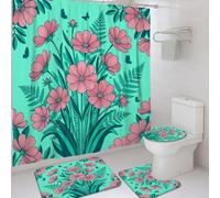Ensemble de rideaux de douche à motif floral, papillon, fougère, printemps turquoise, lavable avec crochets pour salle de bain et tapis décoratifs pour baignoire, dortoir, 183 x 183 cm
