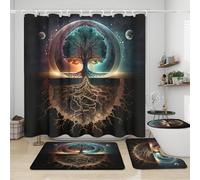 Ensemble de rideaux de douche aquarelle arbre de vie 4 pièces, style peinture à l'huile fantastique galaxie soleil et lune arbre de vie ensemble de décoration de salle de bain avec tapis comprenant un