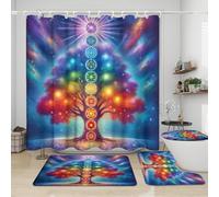 Ensemble de rideaux de douche arc-en-ciel colorés arbre de vie 4 pièces, thème fantaisie galaxie yoga zen exotique arbre de vie ensembles de décoration de salle de bain avec tapis comprenant une houss