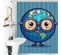 Ensemble de Rideaux de Douche avec 12 Crochets, Tissu imperméable et Lavable, Motif Dessin animé Moderne, Terre Portant des Lunettes, Rideaux de Douche pour Salle de Bain, décoration de Baignoire, 6