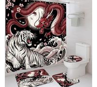 Ensemble de rideaux de douche avec tapis pour salle de bain, baignoire, appartement, motif dragon, traditionnel, tigre et cerisier, sans crochet, lavable, rouge, 183 x 183 cm