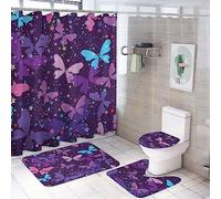 Ensemble de rideaux de douche BrightBoho Butterfly, 4 pièces, motif papillons colorés, galaxie, étoiles abstraites, décoration de salle de bain avec tapis, housse de siège de toilette imperméable et a