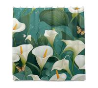 Ensemble de rideaux de douche chic en tissu polyester lavable avec crochet et motif lys Calla Turquoise 183 x 183 cm