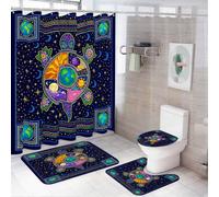 Ensemble de rideaux de douche Cosmic Turtle (4 pièces) - Décoration de salle de bain bohème avec motif Soleil, Lune, Terre et Galaxie | Ensemble de salle de bain à thème Univers spirituel avec tapis,