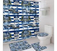 Ensemble de rideaux de douche en polyester imperméable avec chaise bateau rustique et tapis pour salle de bain - Bleu - 183 x 183 cm
