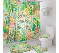 Ensemble de rideaux de douche en polyester imperméable avec motif feuilles de palmier, hibiscus coloré tropical, oiseau de paradis, vert d'été, pour salle de bain, baignoire, décoration de chambre