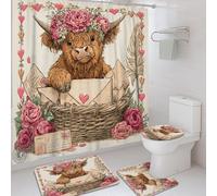 Ensemble de rideaux de douche en polyester imperméable avec motif vache des Highlands, fleurs bohèmes, cœurs, printemps pêche, rideau de douche et tapis pour la maison, le bain, la décoration d'hôtel