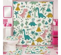 Ensemble de rideaux de douche en polyester imperméable avec tapis décoratif pour chambre d'amis Motif dinosaures, palmier volcan coloré sans pêche 183 x 183 cm