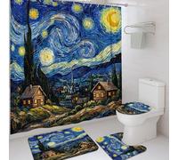 Ensemble de rideaux de douche en tissu imperméable avec tapis décoratif pour salle de bain, baignoire, dortoir, 183 x 183 cm, cyprès, impressionnisme, artistique, étoiles, bleu nuit