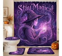 Ensemble de rideaux de douche en toile lavable avec crochets pour salle de bain, baignoire, décoration de chambre d'hôtes, motif sorcière, étoiles magiques fantaisistes, Halloween, violet, 183 x 183