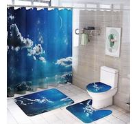 Ensemble de rideaux de douche fantaisie ciel nocturne nuages blancs 4 pièces, magnifique galaxie espace lune paysage naturel décor de salle de bain ensembles avec tapis comprenant housse d'abattant de