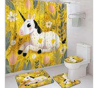 Ensemble de rideaux de douche lavables avec crochets pour salle de bain, baignoire, tapis décoratif pour chambre d'amis en toile, motif cheval magique, fleurs fantaisistes, feuilles, printemps jaune