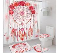 Ensemble de rideaux de douche motif attrape-rêves, style bohème, romantique, roses, cœurs, pêche printanière, lavable avec crochets, rideau de douche et tapis décoratifs pour baignoire, dortoir, 183 x