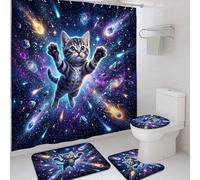 Ensemble de rideaux de douche motif chat Cosmic Fanciful Galaxy Comet N/A - Lavable avec crochets - Rideau de douche et tapis décoratif pour chambre d'amis en toile - 183 x 183 cm - Bleu