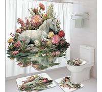 Ensemble de rideaux de douche motif cheval magique, fleurs fantaisistes, rochers printaniers, pastel, lavable avec crochets, ensemble de rideau de douche et tapis pour salle de bain, baignoire